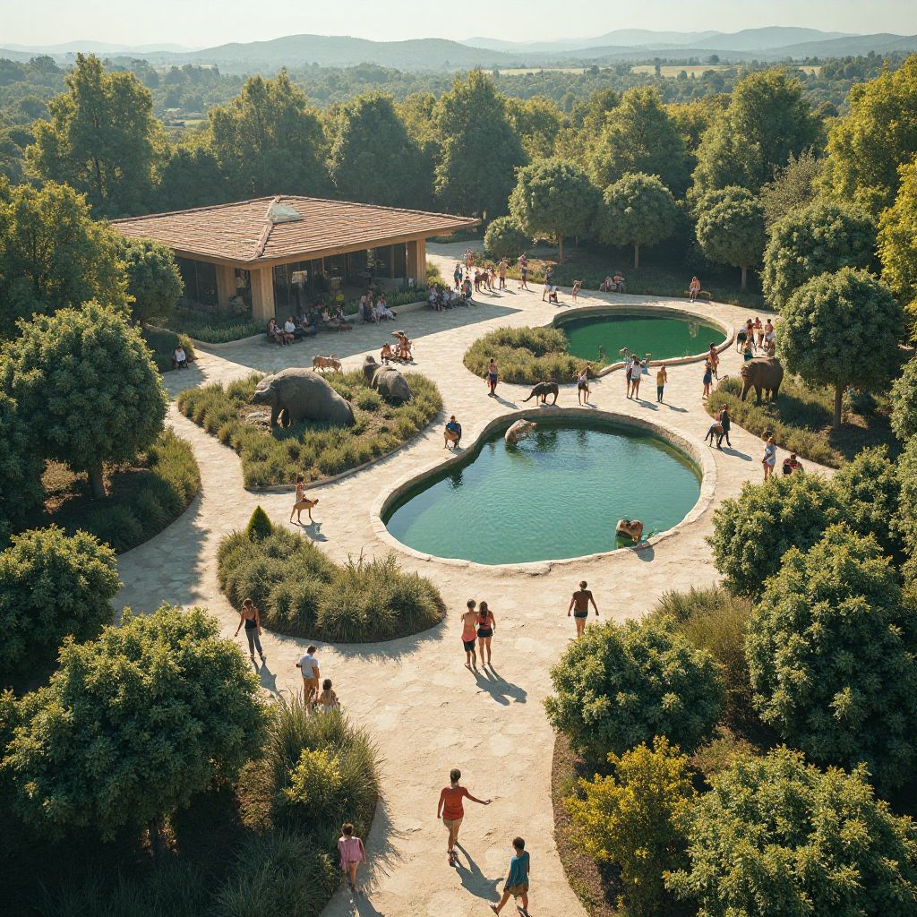 Aerial view of WildLife Zoo with diverse habitats and visitors